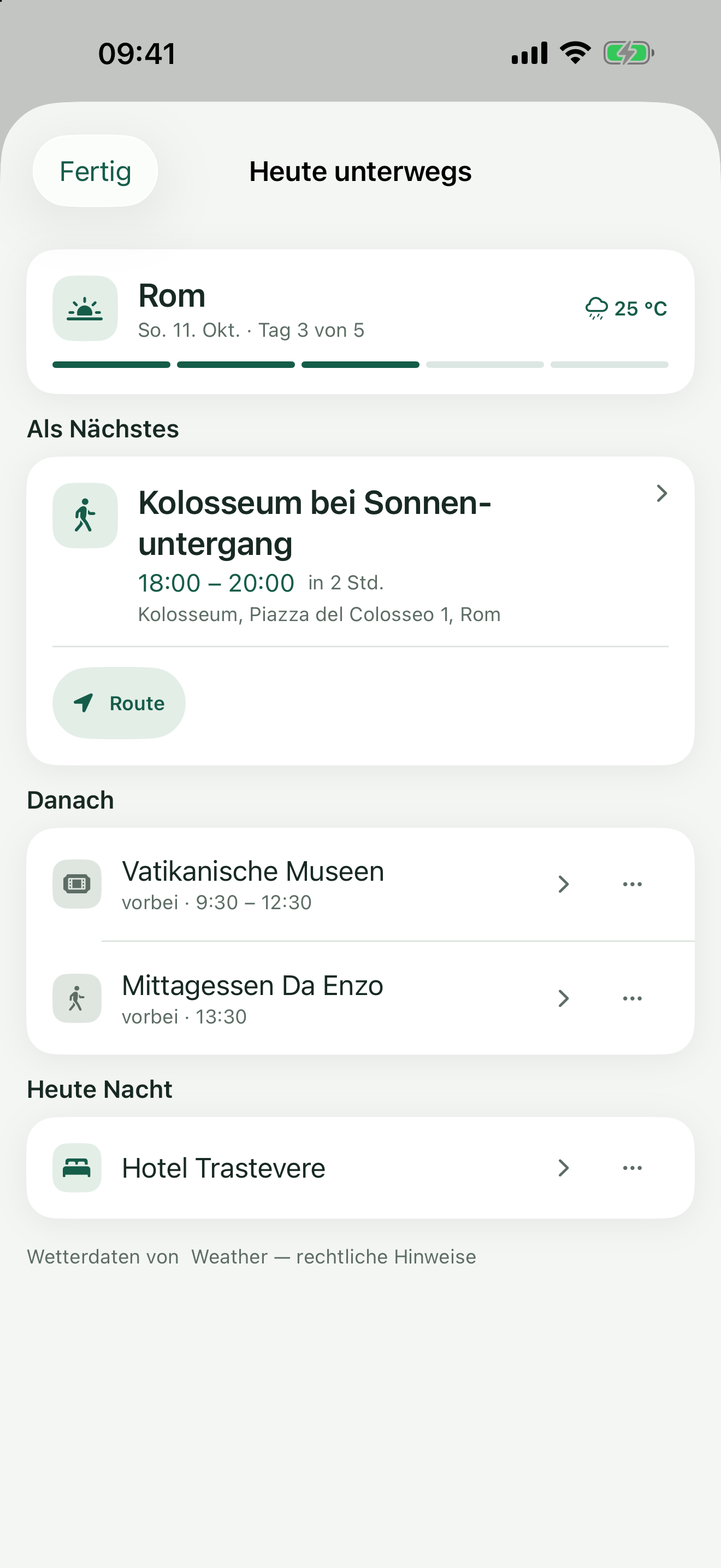 Heute unterwegs in Rom: nächster Termin, Route, Buchungsnummer und Unterkunft