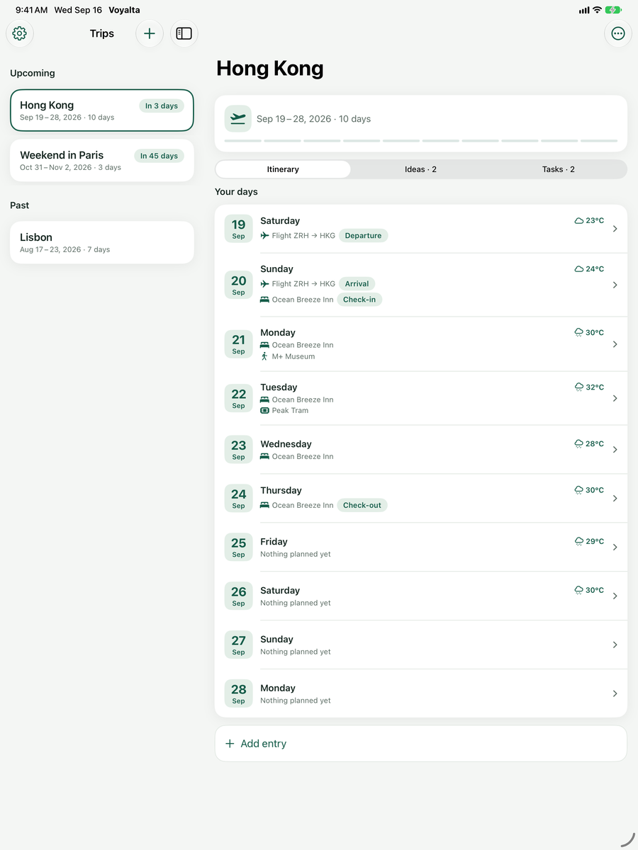 Voyalta on iPad: the trip list on the left, the days of the selected trip on the right.