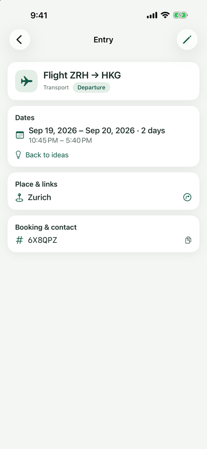 Detail view of an entry “Flug ZRH → HKG” with dates, place and booking number.