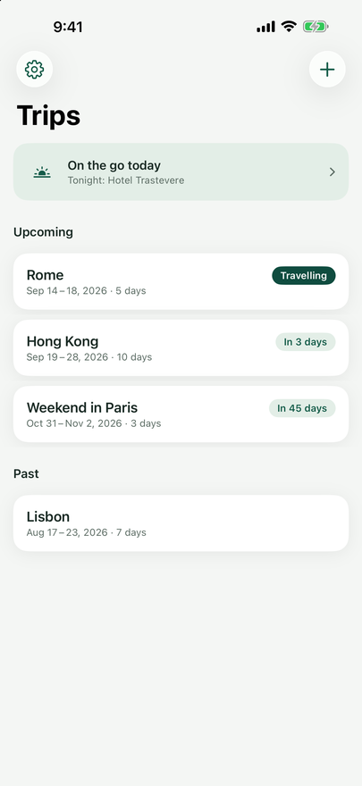 Voyalta trip list with the groups “Upcoming” and “Past” and distance labels such as “In 3 days”.