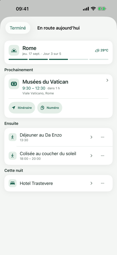 « En route aujourd’hui » avec les sections Maintenant, Ensuite, Cette nuit et Également aujourd’hui.