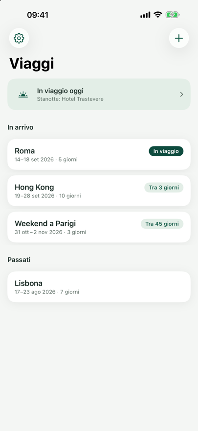 Elenco dei viaggi di Voyalta con i gruppi «In arrivo» e «Passati» e indicazioni come «Fra 3 giorni».
